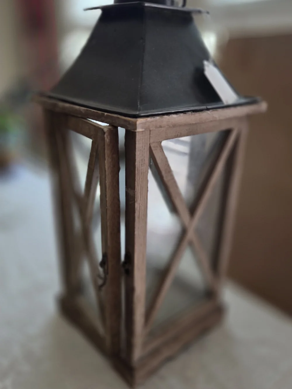 Rustic Brown Wood Lantern with Black Metal Top - Elegant Home Accent